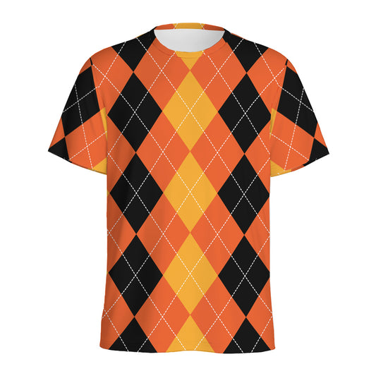 Orange And Black Argyle Pattern Print Men's Sports T-Shirt