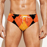 Orange And Black Argyle Pattern Print Men's Swim Briefs