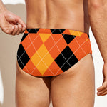 Orange And Black Argyle Pattern Print Men's Swim Briefs