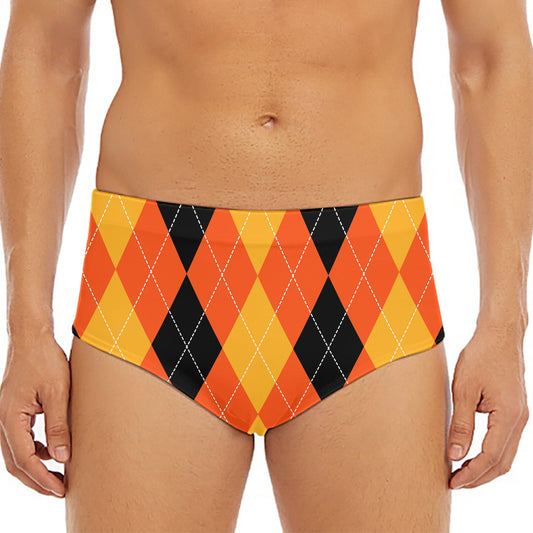 Orange And Black Argyle Pattern Print Men's Triangle Swim Briefs