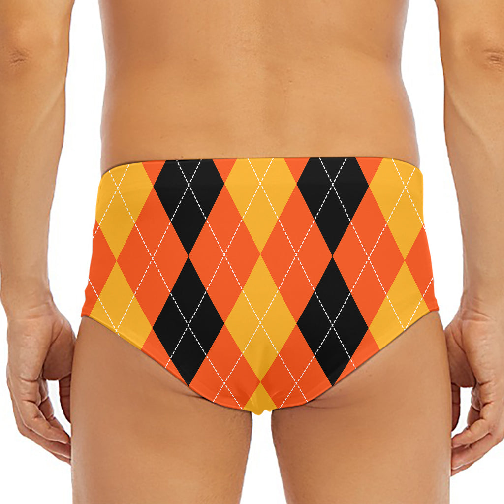 Orange And Black Argyle Pattern Print Men's Triangle Swim Briefs