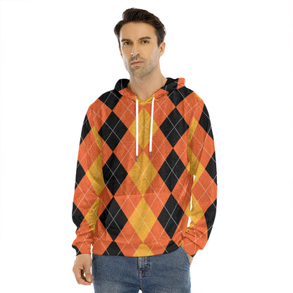 Orange And Black Argyle Pattern Print Men's Velvet Pullover Hoodie