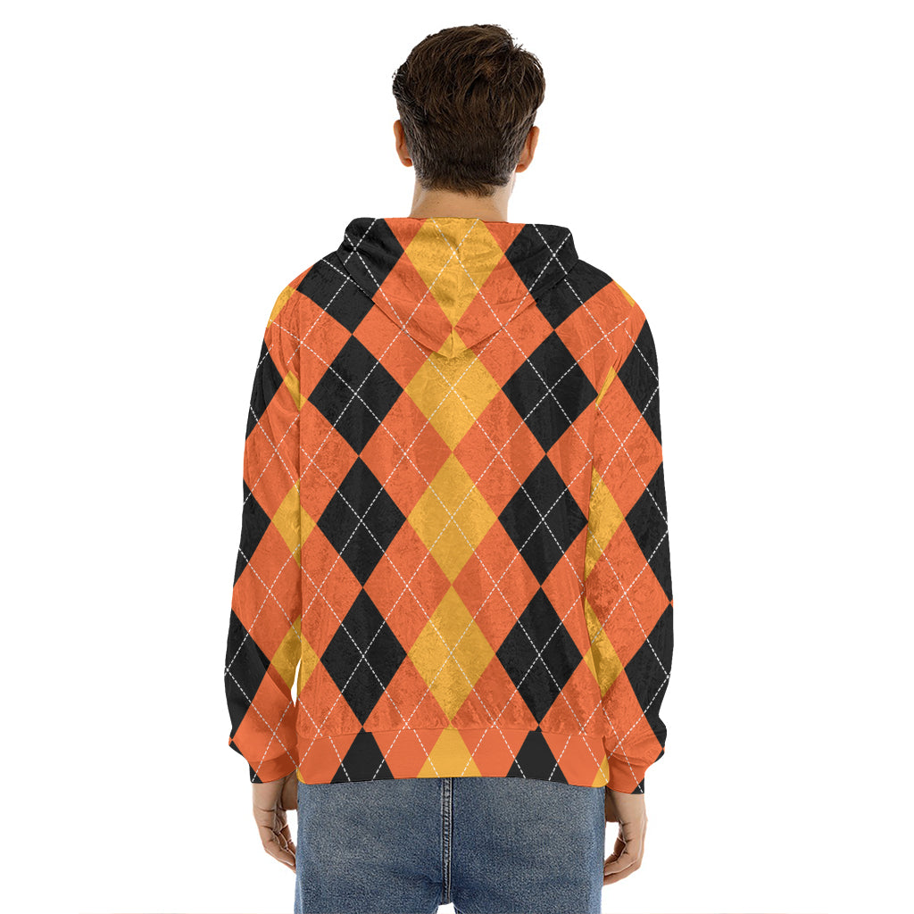 Orange And Black Argyle Pattern Print Men's Velvet Pullover Hoodie