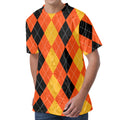 Orange And Black Argyle Pattern Print Men's Velvet T-Shirt