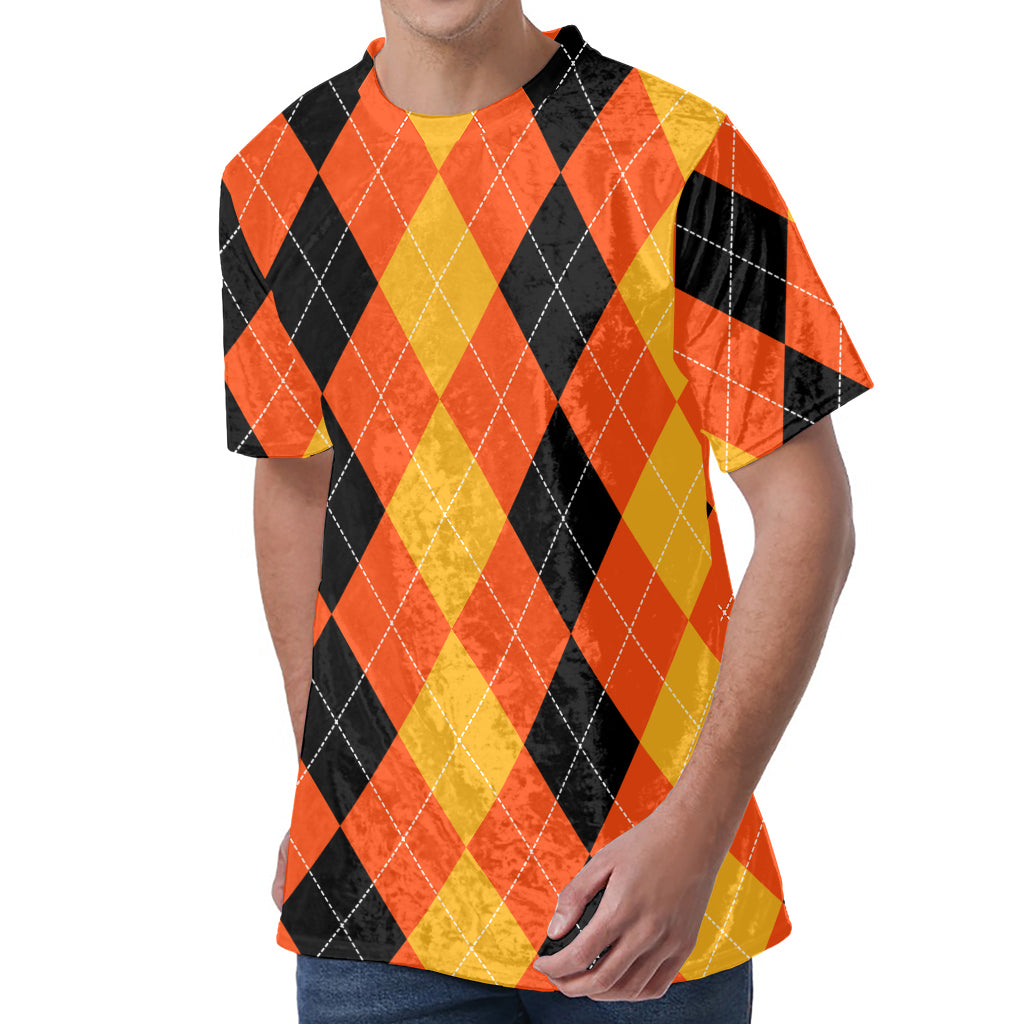 Orange And Black Argyle Pattern Print Men's Velvet T-Shirt
