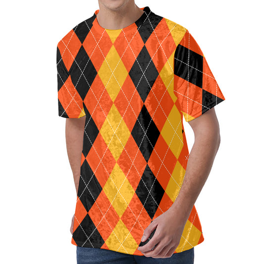 Orange And Black Argyle Pattern Print Men's Velvet T-Shirt