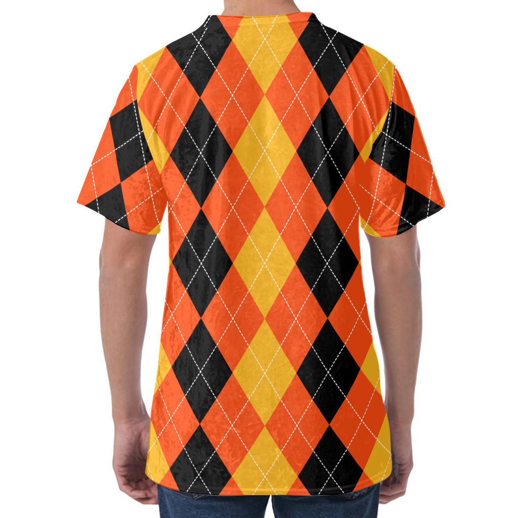 Orange And Black Argyle Pattern Print Men's Velvet T-Shirt