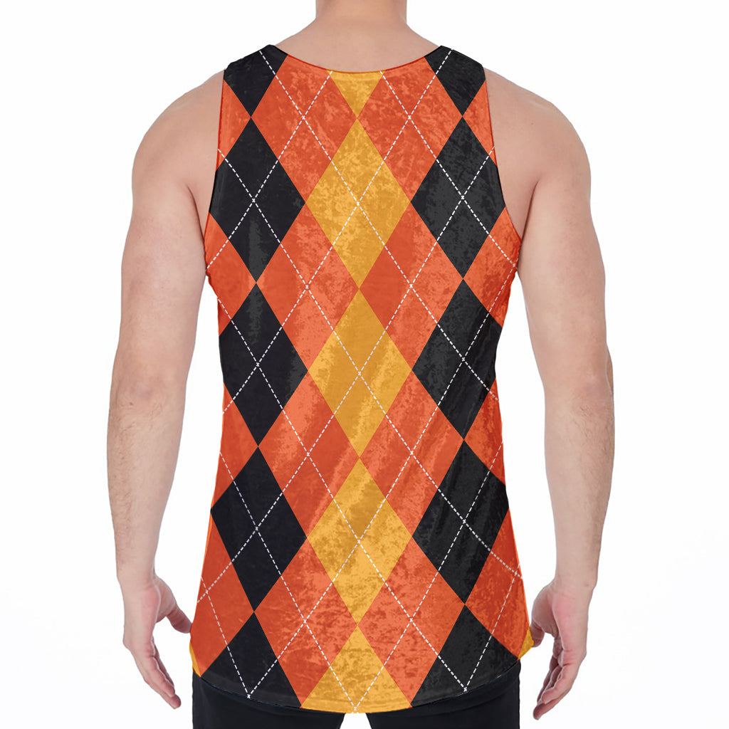 Orange And Black Argyle Pattern Print Men's Velvet Tank Top