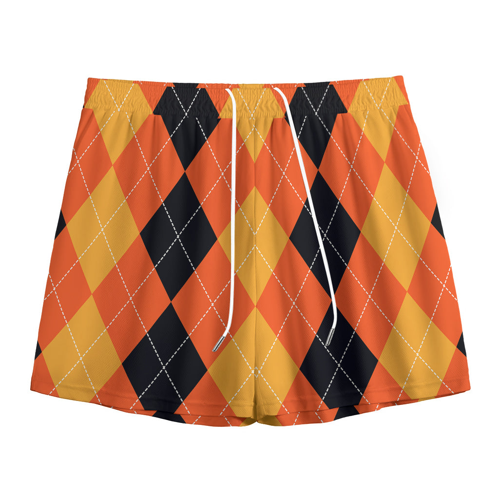 Orange And Black Argyle Pattern Print Mesh Shorts