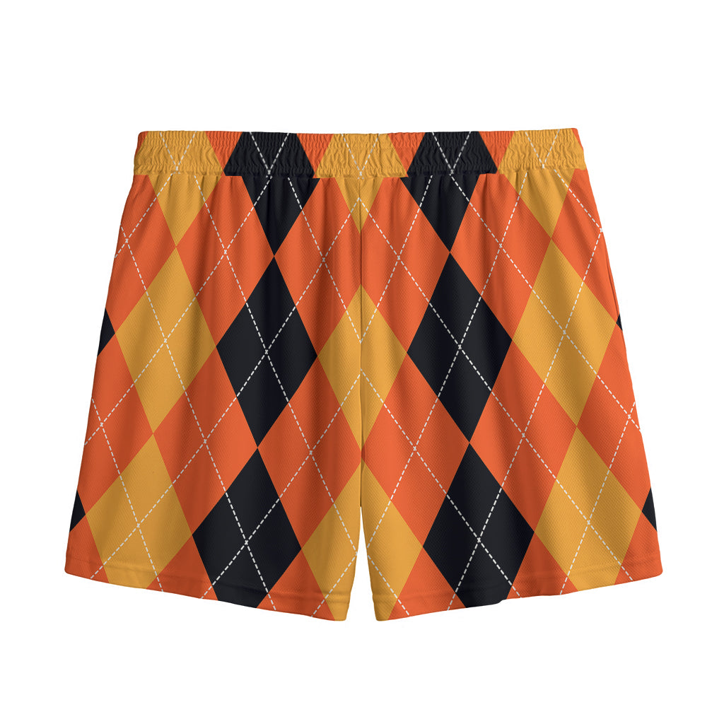 Orange And Black Argyle Pattern Print Mesh Shorts