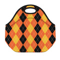 Orange And Black Argyle Pattern Print Neoprene Lunch Bag
