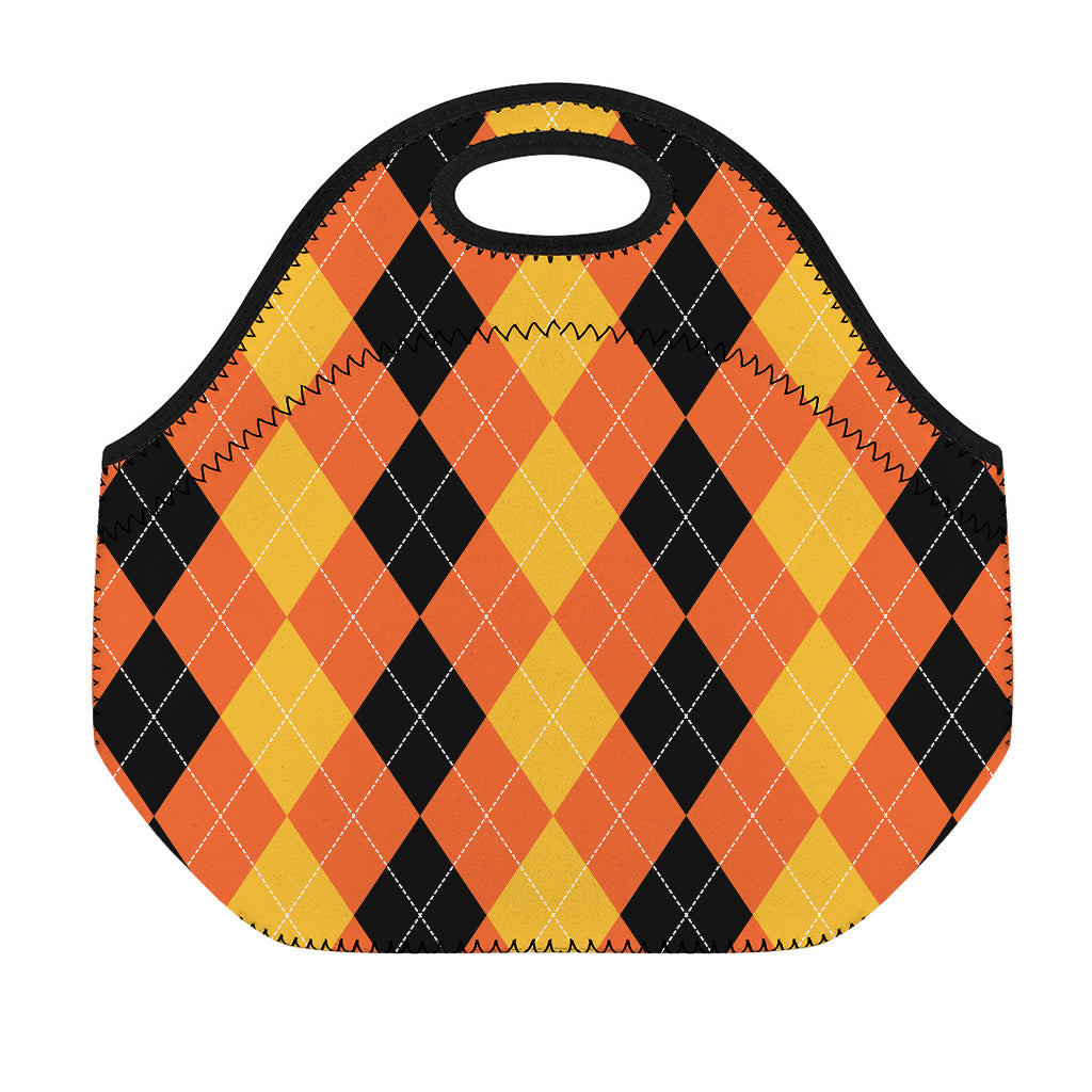 Orange And Black Argyle Pattern Print Neoprene Lunch Bag