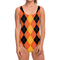 Orange And Black Argyle Pattern Print One Piece Swimsuit