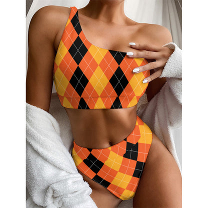 Orange And Black Argyle Pattern Print One Shoulder Bikini Top