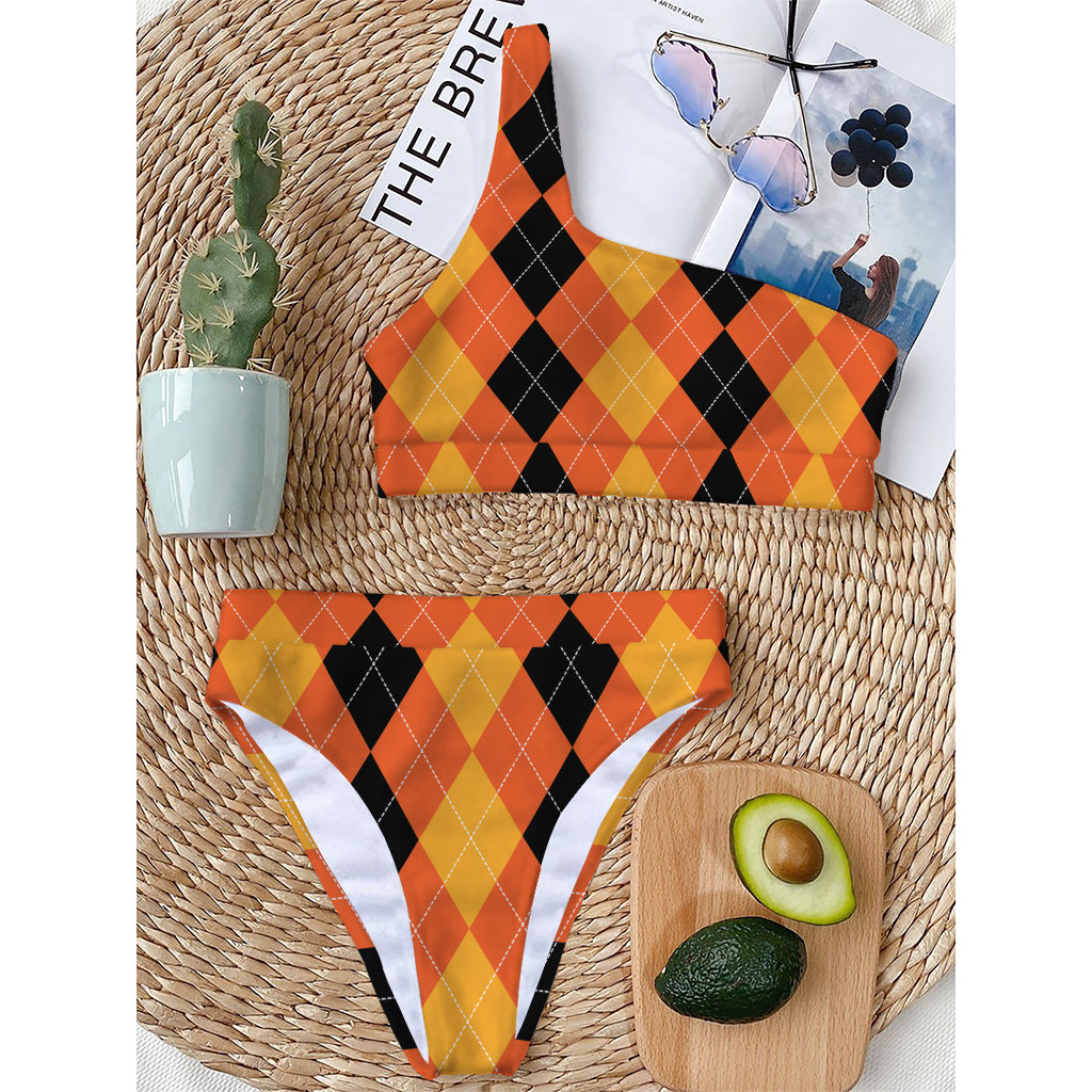 Orange And Black Argyle Pattern Print One Shoulder Bikini Top