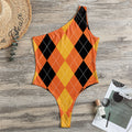 Orange And Black Argyle Pattern Print One Shoulder Bodysuit