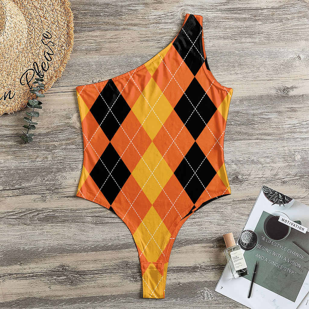 Orange And Black Argyle Pattern Print One Shoulder Bodysuit