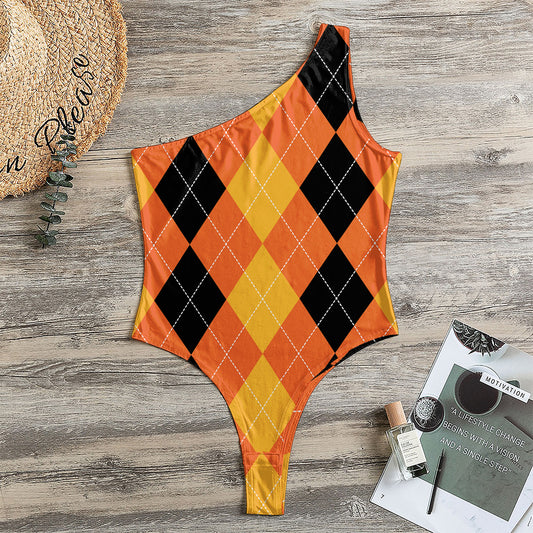 Orange And Black Argyle Pattern Print One Shoulder Bodysuit