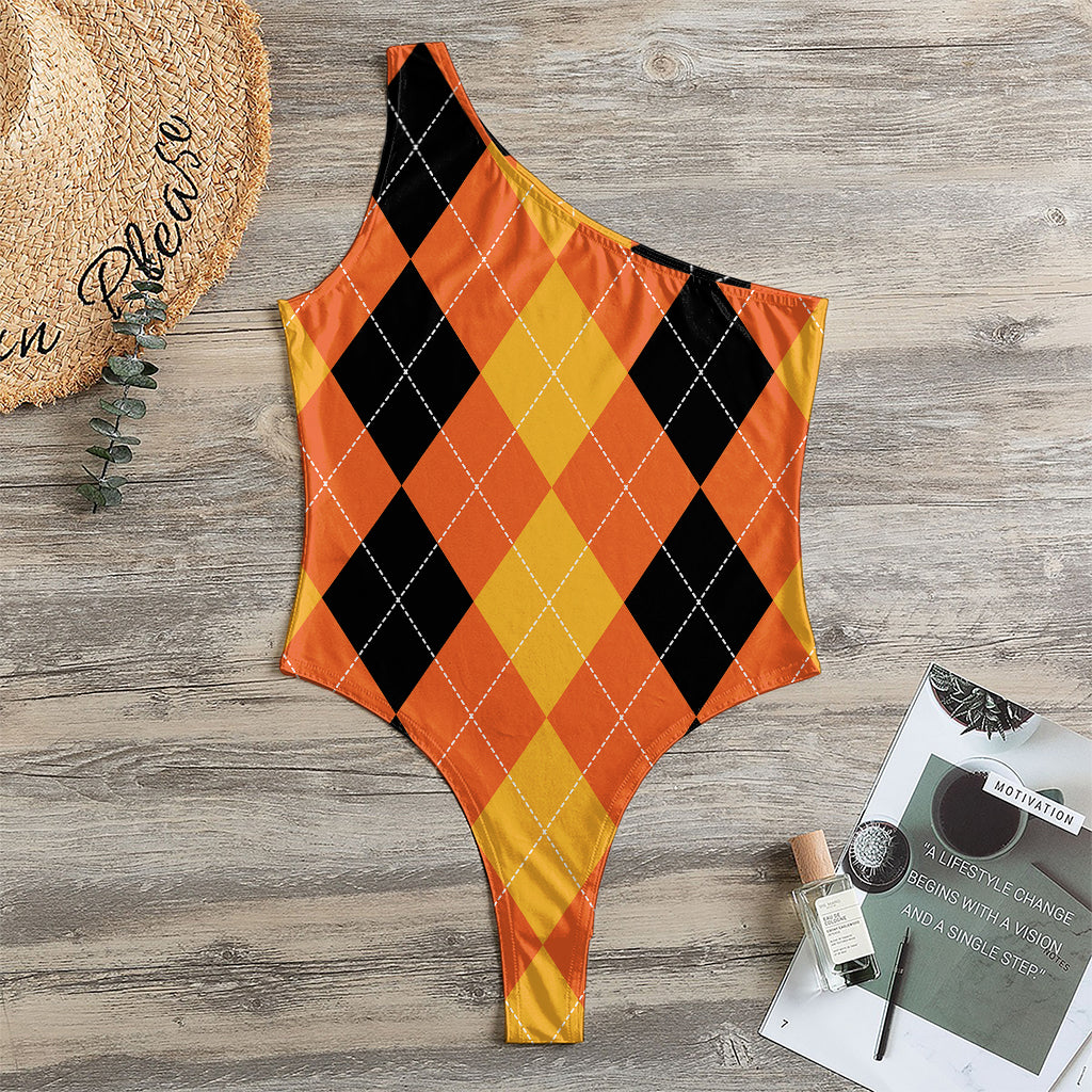 Orange And Black Argyle Pattern Print One Shoulder Bodysuit