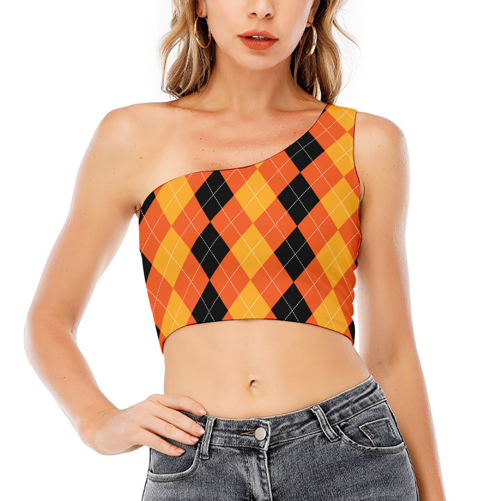 Orange And Black Argyle Pattern Print One Shoulder Crop Top