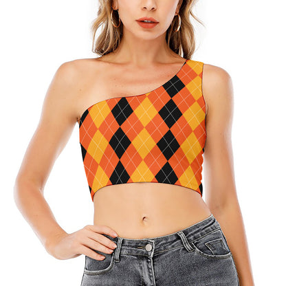 Orange And Black Argyle Pattern Print One Shoulder Crop Top