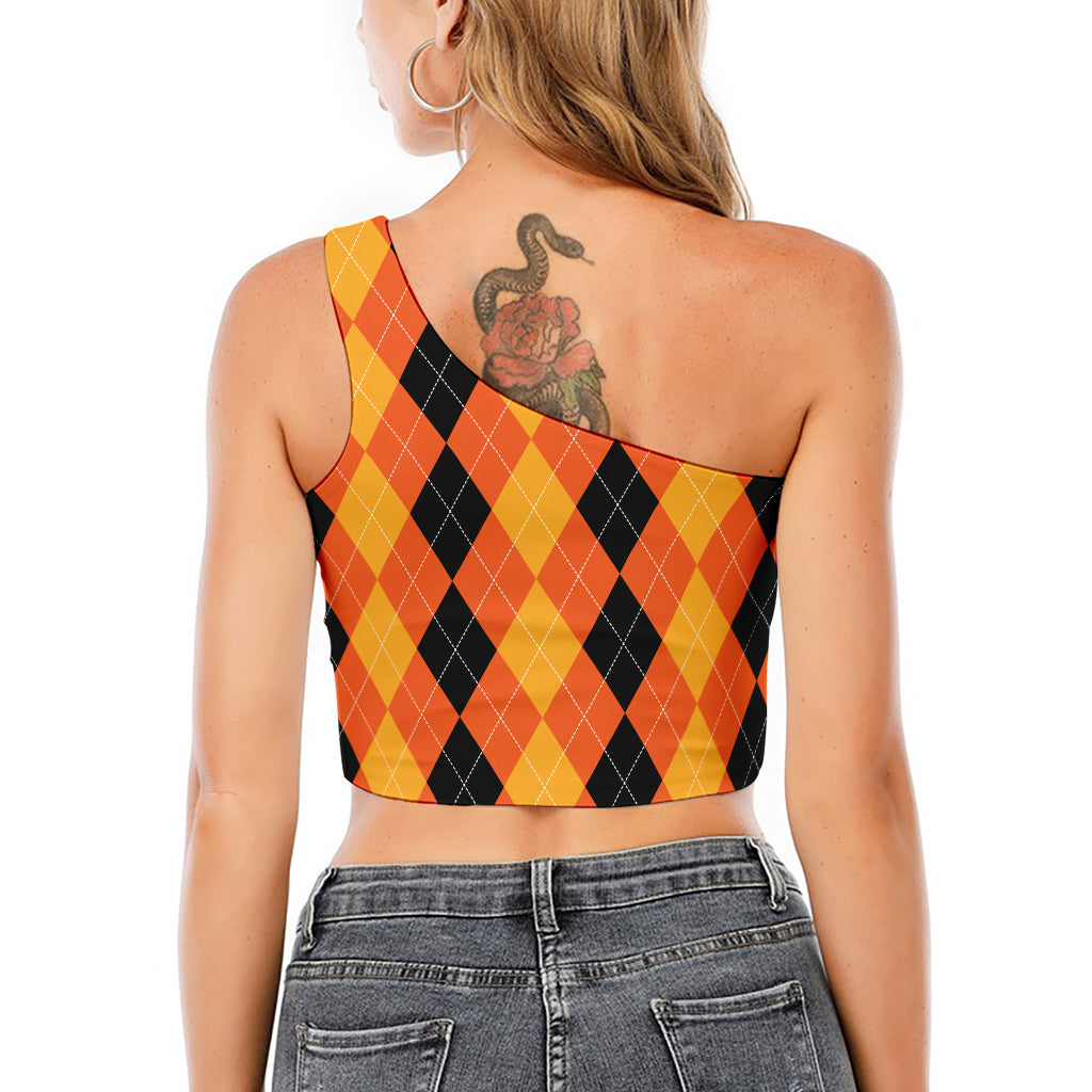 Orange And Black Argyle Pattern Print One Shoulder Crop Top