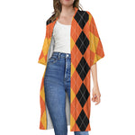 Orange And Black Argyle Pattern Print Open Front Beach Cover Up