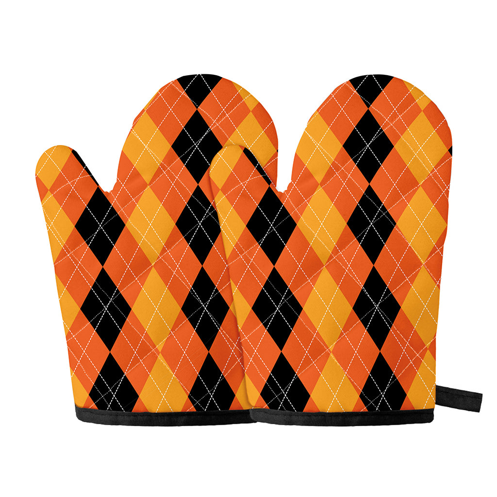 Orange And Black Argyle Pattern Print Oven Mitts