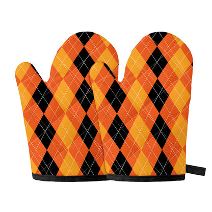 Orange And Black Argyle Pattern Print Oven Mitts