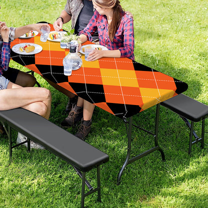 Orange And Black Argyle Pattern Print Picnic Table Cover