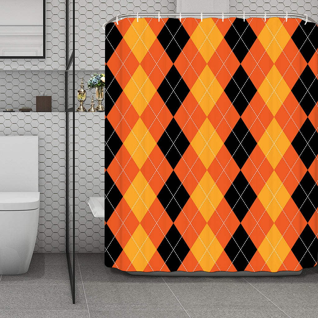 Orange And Black Argyle Pattern Print Polyester Shower Curtain