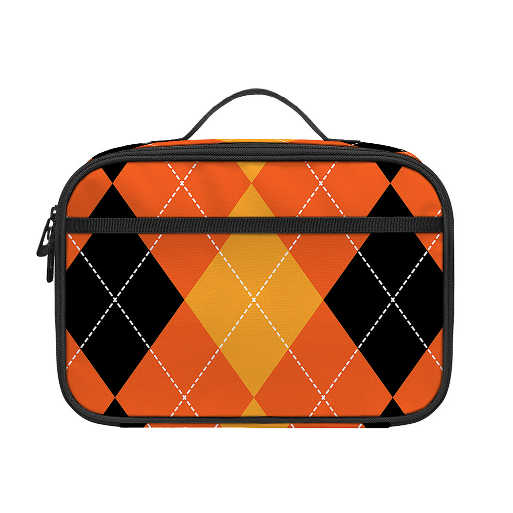 Orange And Black Argyle Pattern Print Portable Lunch Bag