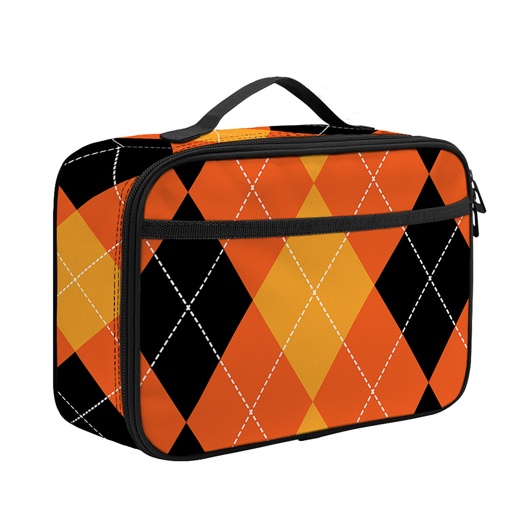 Orange And Black Argyle Pattern Print Portable Lunch Bag