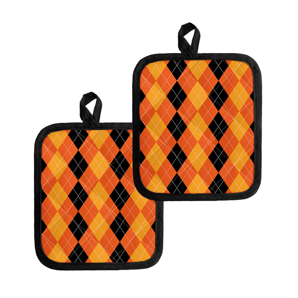 Orange And Black Argyle Pattern Print Pot Holders