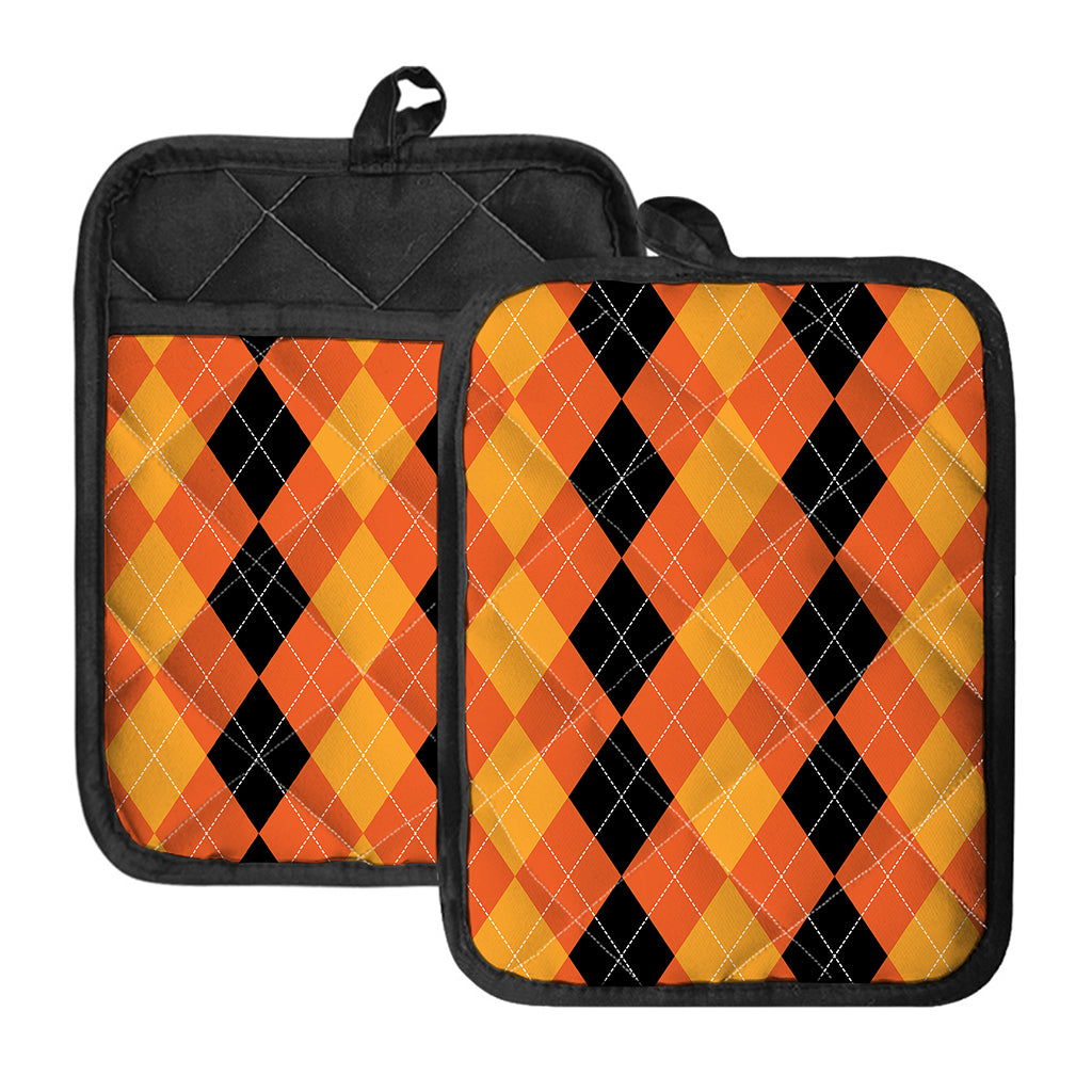 Orange And Black Argyle Pattern Print Pot Holders With Pocket