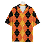 Orange And Black Argyle Pattern Print Rayon Hawaiian Shirt