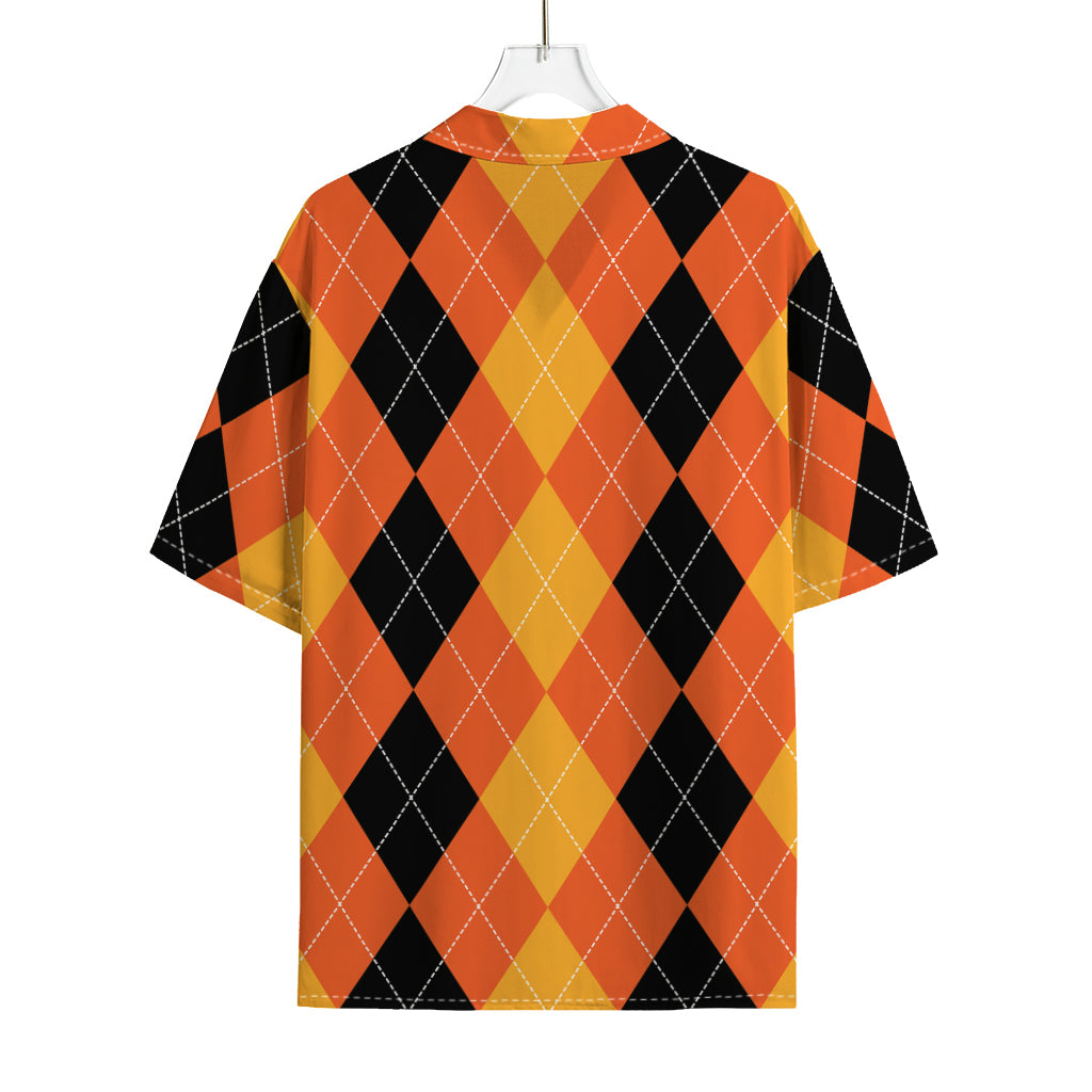 Orange And Black Argyle Pattern Print Rayon Hawaiian Shirt