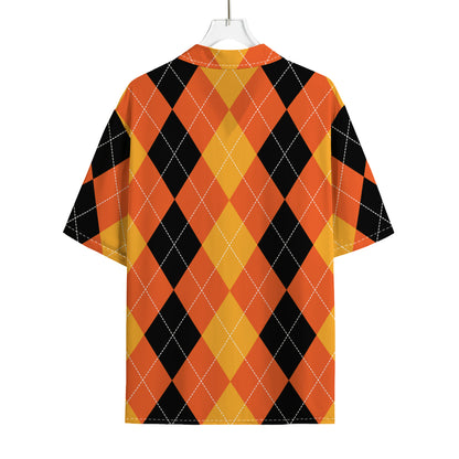 Orange And Black Argyle Pattern Print Rayon Hawaiian Shirt
