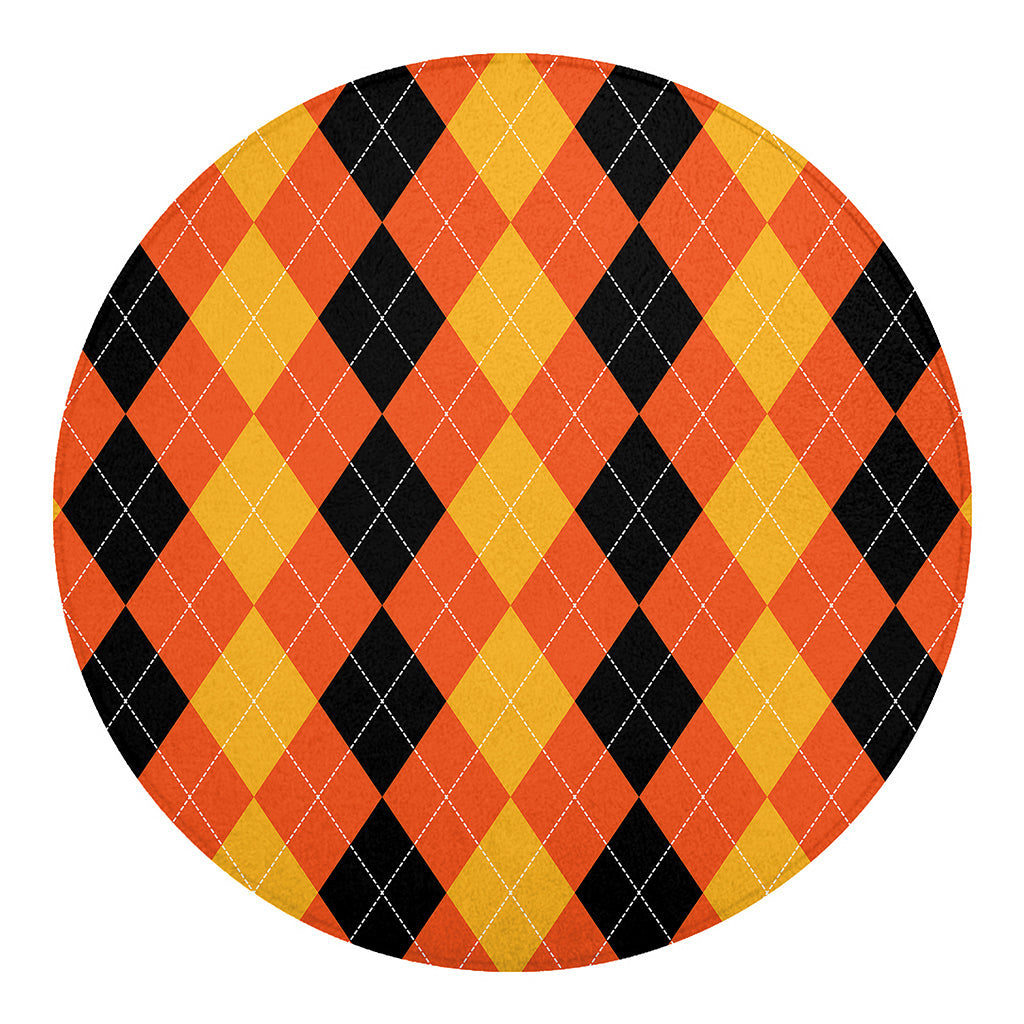 Orange And Black Argyle Pattern Print Round Blanket