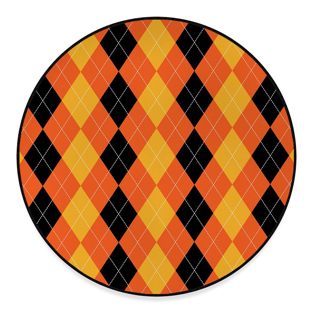 Orange And Black Argyle Pattern Print Round Floor Mat