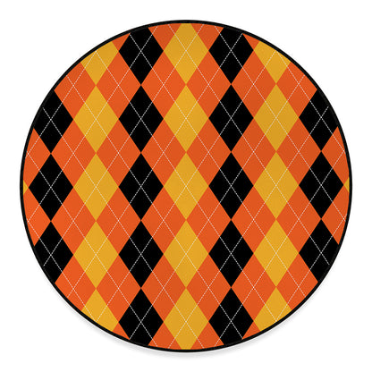 Orange And Black Argyle Pattern Print Round Floor Mat