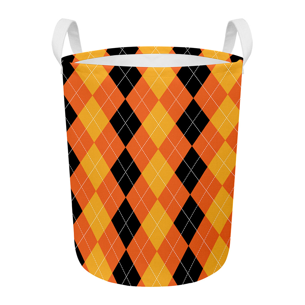 Orange And Black Argyle Pattern Print Round Laundry Basket