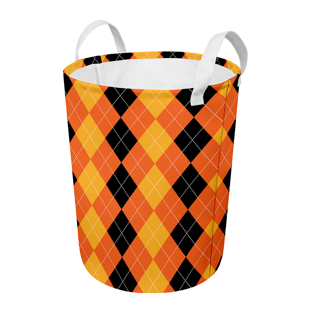 Orange And Black Argyle Pattern Print Round Laundry Basket