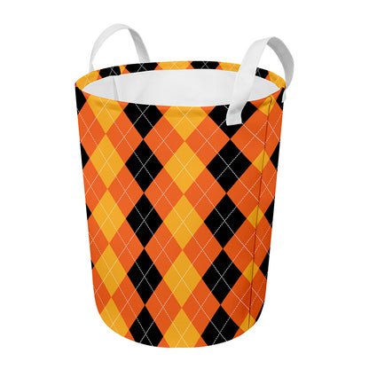 Orange And Black Argyle Pattern Print Round Laundry Basket