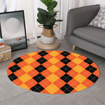 Orange And Black Argyle Pattern Print Round Rug