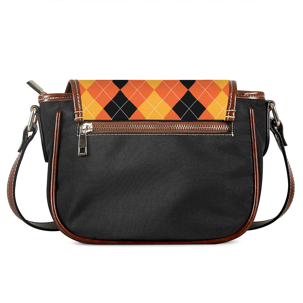 Orange And Black Argyle Pattern Print Saddle Bag