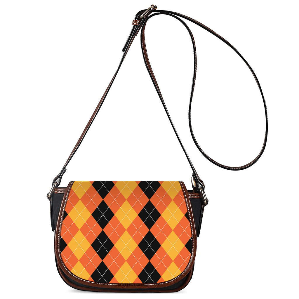 Orange And Black Argyle Pattern Print Saddle Bag