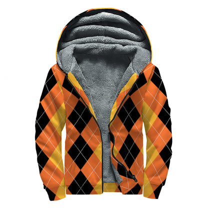 Orange And Black Argyle Pattern Print Sherpa Lined Zip Up Hoodie