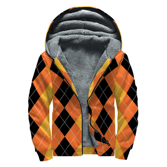 Orange And Black Argyle Pattern Print Sherpa Lined Zip Up Hoodie