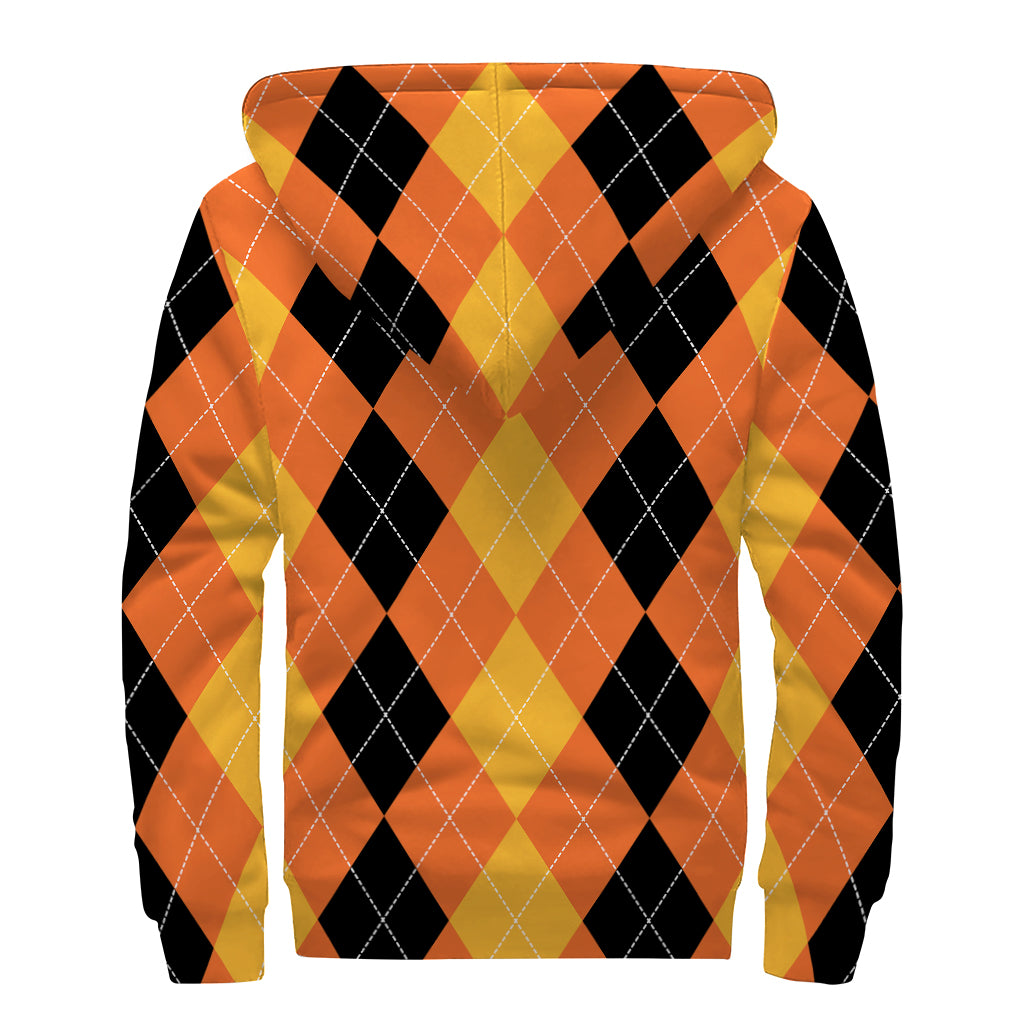Orange And Black Argyle Pattern Print Sherpa Lined Zip Up Hoodie
